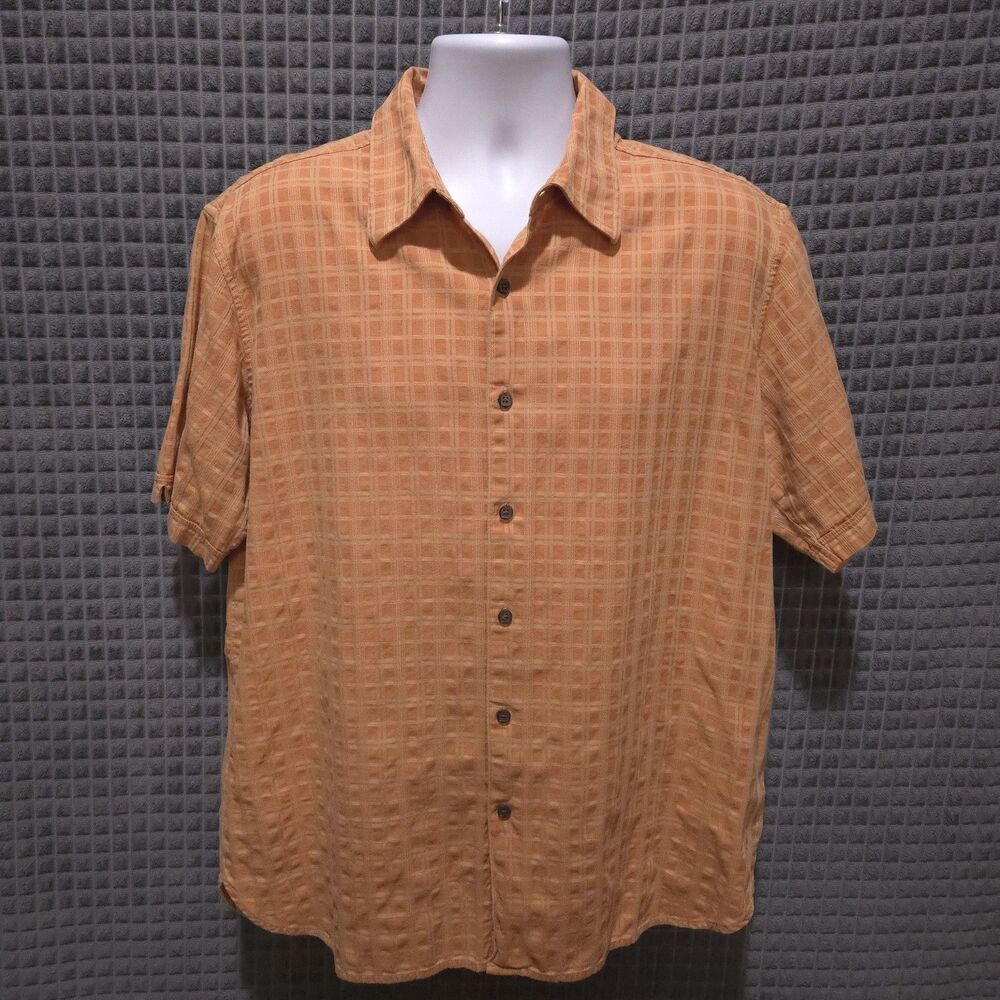 Orange Check Short Sleeve Shirt Mens XL Soft Lightweight Cotton Button Collared